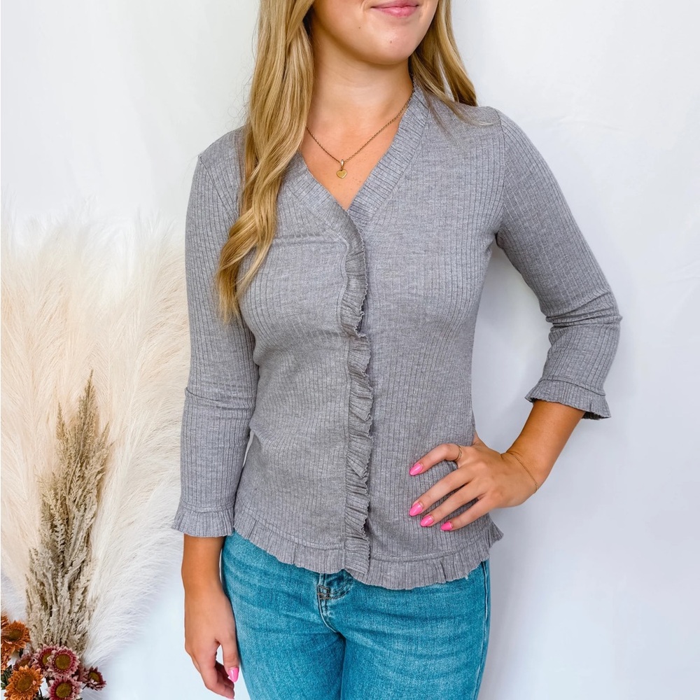 Doe & Rae Gray Ribbed Cardigan with Ruffle Trim